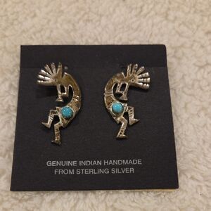 Sterling Silver Kokopelli Earrings with Turquoise Accent, NWT